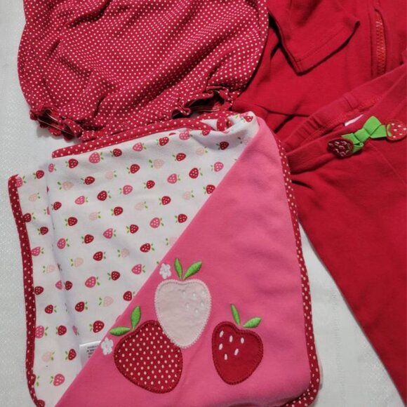 Gymboree Strawberry lot used blanket, hooded top, pants romper NWT socks 6-12 mo - Picture 3 of 7